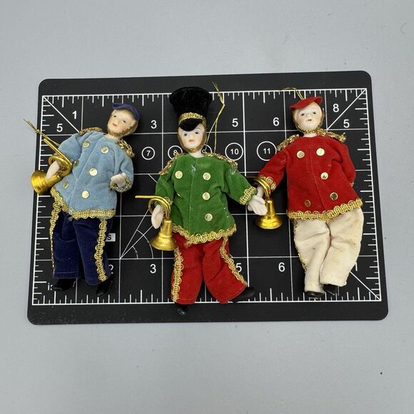 Vtg Lot of 3 Bisque French Horn Musicians Soldiers Christmas Ornaments Taiwan 5" - Picture 1 of 6